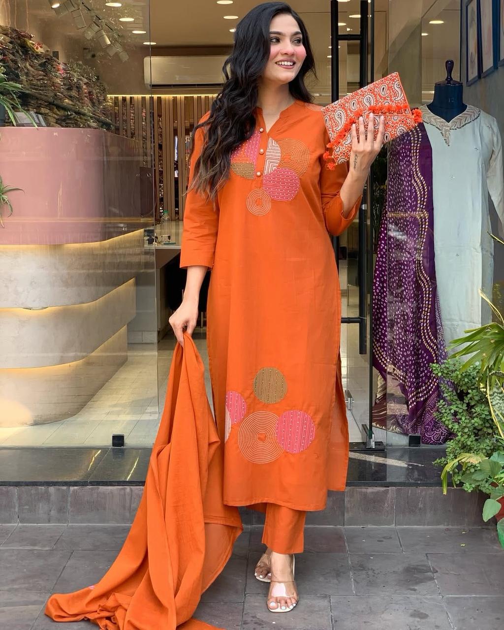 Women’s Embroidered Roman Fabric Kurta Pant Set with Chanderi Silk Dupatta