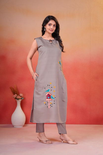 Grey Embroidered Straight Kurta Pant Set | Heavy Roman Fabric | Elegant Ethnic Wear for Women