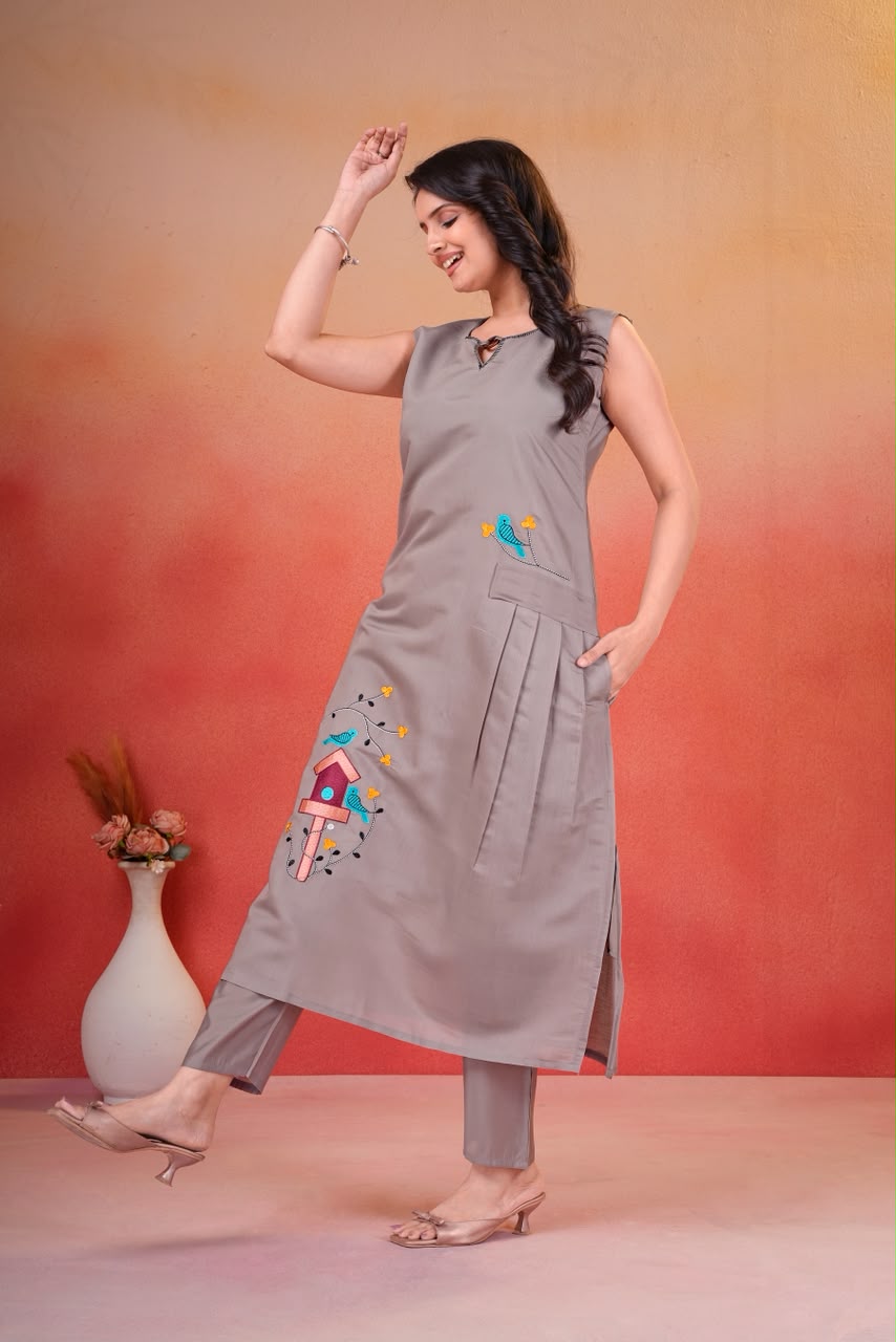 Grey Embroidered Straight Kurta Pant Set | Heavy Roman Fabric | Elegant Ethnic Wear for Women