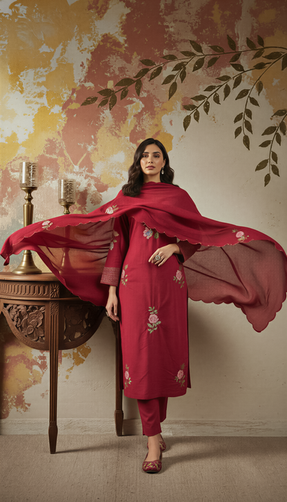 Women’s Chanderi Silk Embroidered Kurta Pant Set with Chanderi Embroidered Dupatta