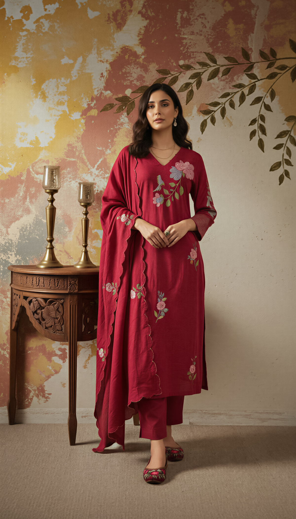 Women’s Chanderi Silk Embroidered Kurta Pant Set with Chanderi Embroidered Dupatta
